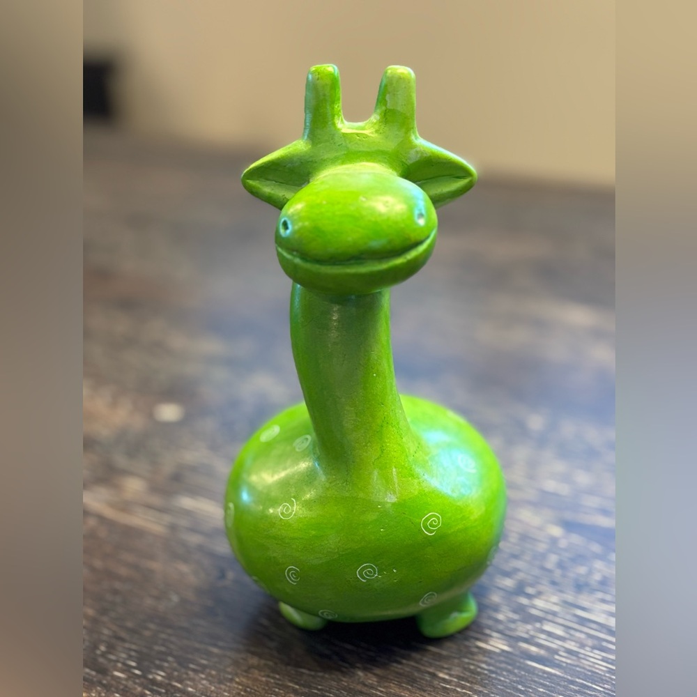 Cute soapstone giraffe figurine in green, Afrikiko Kisii, handcrafted in Kenya.